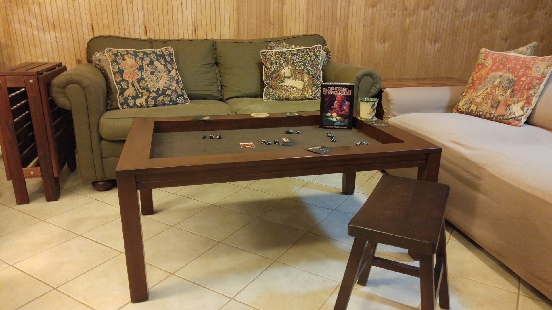 Coffee Game Table in Cherry finish and Dark Brown Fabric with Side Table/Bench in Sagamore Hill finish. Photo by Jodi. :)