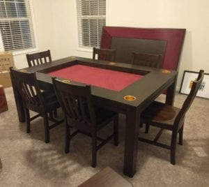 Gold Cup Holders! Dining Game Table shown in Cherry and Burgundy. Photo by Andrew.