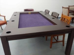 $2199 "As Is" Tablezilla in Sagamore Hill with Purple fabric with cup holders. Includes two dining top pieces. 