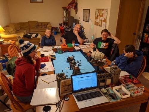 Playing DnD around Tablezilla with scenery, notes, and minis.